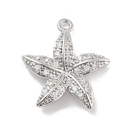 Brass Pave Clear Cubic Zirconia Pendants, Starfish, Platinum, 18.5x16.5x3.5mm, Hole: 1.4mm(KK-Z061-09P-01)