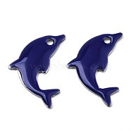 201 Stainless Steel Enamel Pendants, Dolphin, Stainless Steel Color, Midnight Blue, 17x11.5x1.5mm, Hole: 1.2mm(STAS-N088-16B)