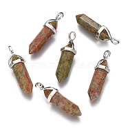 Natural Unakite Double Terminated Pointed Pendants, with Random Alloy Pendant Hexagon Bead Cap Bails, Bullet, Platinum, 36~45x12mm, Hole: 3x5mm, Gemstone: 10mm in diameter(G-F295-04B)