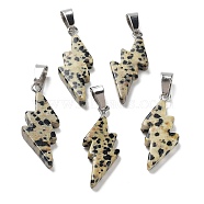 Natural Dalmatian Jasper Pendants, Lightning Bolt Charms with Stainless Steel Color Plated 201 Stainless Steel Snap on Bails, 31~33x13~14x5mm, Hole: 7.5x4.5mm(G-C057-01P-05)