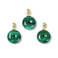 Natural Malachite Pendants, Flat Round Charms, with Golden Plated 925 Sterling Snap on Bails, 15.5x12x5.2~5.4mm, Hole: 1.7x2.7mm(G-C033-06G)