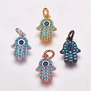 Brass Micro Pave Cubic Zirconia Charms, Palm, Mixed Color, 13.5x9.5x2mm, Hole: 3mm(ZIRC-G099-43)