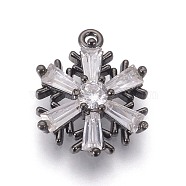 Brass Cubic Zirconia Pendants, Long-Lasting Plated, Christmas Snowflake, Clear, Gunmetal, 17x13x4mm, Hole: 1.2mm(KK-F809-06B)