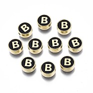 Alloy Enamel Beads, Cadmium Free & Lead Free, Light Gold, Flat Round with Alphabet, Black, Letter.B, 8x4mm, Hole: 1.5mm(ENAM-N052-006-02B-RS)