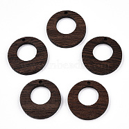 Natural Wenge Wood Pendants, Undyed, Hollow Flat Round Charms, Coconut Brown, 28x3.5mm, Hole: 2mm(WOOD-T023-78)