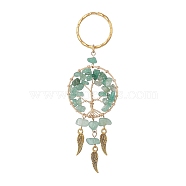 Woven Net/Web with Wing Pendant Keychain, with Natural Green Aventurine Chips and Iron Key Rings, Flat Round with Tree of Life, 10.9~11cm(KEYC-JKC00481-03)