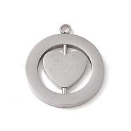 304 Stainless Steel Turnable Pendants, Hollow, Flat Round with Heart Charm, Stainless Steel Color, 28x24.5x2mm, Hole: 2.5mm(STAS-G297-12P)