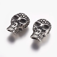 304 Stainless Steel Magnetic Clasps with Glue-in Ends, Skull, Antique Silver, 28x18x15mm, Hole: 8mm(STAS-E136-49)