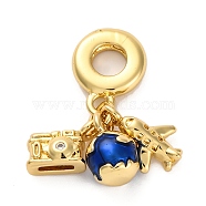 Brass Blue Enamel European Dangle Charms, Clear Cubic Zirconia Plane & Earth & Camera Large Hole Pendants, Real 16K Gold Plated, 25mm, Hole: 4.8mm(KK-R002-25G)