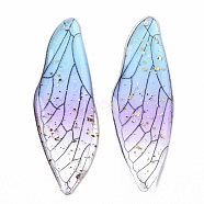 Transparent Epoxy Resin Big Pendants, with Gold Foil, Insects Wing, Light Sky Blue, 51x16.5x1~2.5mm, Hole: 1.2mm(RESI-T046-01D)