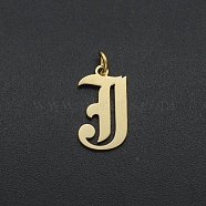 201 Stainless Steel Pendants, with Jump Ring, Old English, Letter, Laser Cut, Golden, Letter.J, 16.5x9.5x1mm, Hole: 3mm(STAS-R111-JA566-J)