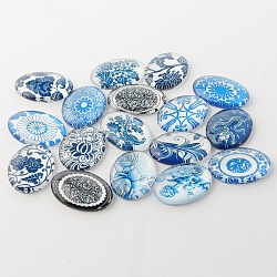 Blue and White Floral Theme Ornaments Glass Oval Flatback Cabochons, Mixed Color, 25x18x6mm(X-GGLA-A003-18x25-YY)