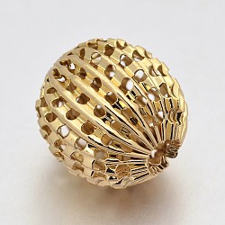 Round Vacuum Plating Brass Hollow Filigree Corrugated Beads, Filigree Ball, Real 18K Gold Plated, 14x15mm, Hole: 3mm(KK-L049-01)
