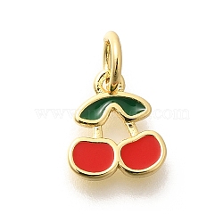 Real 18K Gold Plated Brass Enamel Charms, with Jump Ring, Long-Lasting Plated, Lead Free & Cadmium Free, Fruit Charms, Cherry, 9x8.5x1.5mm, Hole: 3.5mm(KK-L225-001G-03)