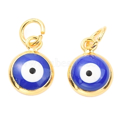 Brass Enamel Charms, Real 18K Gold Plated, Long-Lasting Plated, with Jump Ring, Flat Round with Evil Eye, Blue, 11x8x3mm, Hole: 3.4mm, Jump Ring:  5x0.8mm(ZIRC-J025-71G-A01)