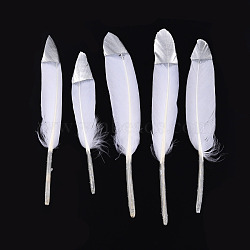 Goose Feather Costume Accessories, Dyed, Spray Silver Color, White, 128~165x17~25mm, about 100pcs/bag(FIND-T037-06J)