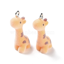 Animal Shape Flocky Resin Pendants, Cute Animal Charms with Platinum Plated Iron Loops, Giraffe, 32.5x10x18mm, Hole: 2mm(RESI-Q229-01J)