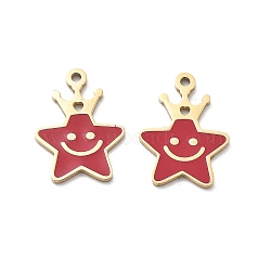 304 Stainless Steel Enamel Charms, Star with Smiling Face Charm, Real 14K Gold Plated, Ion Plating(IP), FireBrick, 14.5x10.5x0.7mm, Hole: 1.1mm(STAS-M111-17G)