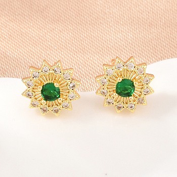 Brass Micro Pave Cubic Zirconia Stud Earrings for Women, Flower, Cadmium Free & Lead Free, Long-Lasting Plated, Rack Plating, Real 18K Gold Plated, Green, 9mm