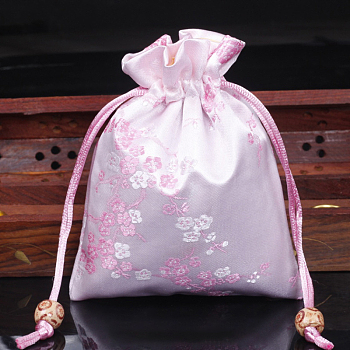 Chinese Style Flower Pattern Satin Jewelry Packing Pouches, Drawstring Gift Bags, Rectangle, Pearl Pink, 14x11cm