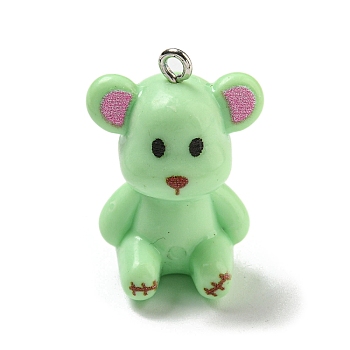 10Pcs Opaque Resin Pendants, Bear Charms with Platinum Plated Iron Loops, Light Green, 27.5x19x16.5mm, Hole: 2mm