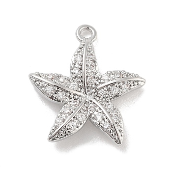 Brass Pave Clear Cubic Zirconia Pendants, Starfish, Platinum, 18.5x16.5x3.5mm, Hole: 1.4mm