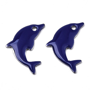201 Stainless Steel Enamel Pendants, Dolphin, Stainless Steel Color, Midnight Blue, 17x11.5x1.5mm, Hole: 1.2mm