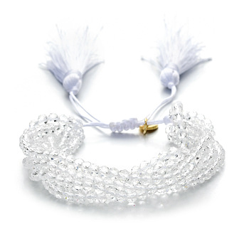 Faceted Glass Braided Bead Bracelets, Adjustable Tassel Woven Multi-strand Bracelets for Women, Clear