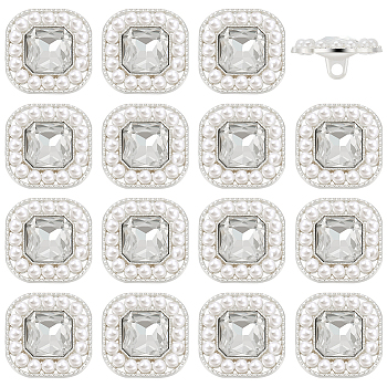 16Pcs 1-Hole Alloy Shank Buttons, with Plastic Imitation Pearls Bead, Square, White, 20x20x9mm, Hole: 2mm