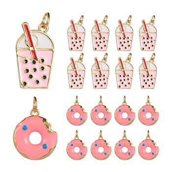 8Pcs 2 Style Brass Enamel Pendants, Long-Lasting Plated, Real 18K Gold Plated, with Jump Ring, Bubble Tea & Donut, Pink, 15~20x12~13x2.2~2.7mm, Hole: 2.6~3.2mm, 4Pcs/Style