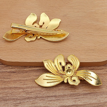 Alloy Alligator Hair Clips Findings, Round Bead & Enamel Settings, with Iron Clips, Orchid Flower, Golden, 55x29mm, Fit for 5mm Beads