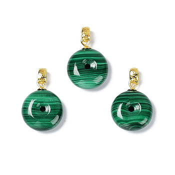 Natural Malachite Pendants, Flat Round Charms, with Golden Plated 925 Sterling Snap on Bails, 15.5x12x5.2~5.4mm, Hole: 1.7x2.7mm