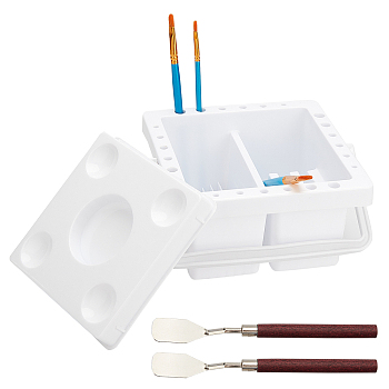 PandaHall Elite Plastic Artist Brush Basin Multifunction Paint Brush Tub, with Oil Painting Scraper Knife, White, 3pcs