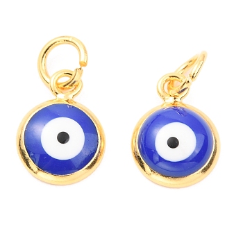 Brass Enamel Charms, Real 18K Gold Plated, Long-Lasting Plated, with Jump Ring, Flat Round with Evil Eye, Blue, 11x8x3mm, Hole: 3.4mm, Jump Ring:  5x0.8mm