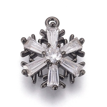 Brass Cubic Zirconia Pendants, Long-Lasting Plated, Christmas Snowflake, Clear, Gunmetal, 17x13x4mm, Hole: 1.2mm
