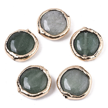 Natural Green Aventurine Beads, with Light Gold Plated Polymer Clay Edge, Flat Round, 17~19x17~18x5~7mm, Hole: 1.2mm