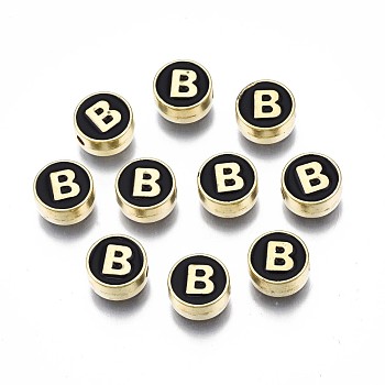 Alloy Enamel Beads, Cadmium Free & Lead Free, Light Gold, Flat Round with Alphabet, Black, Letter.B, 8x4mm, Hole: 1.5mm