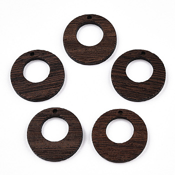Natural Wenge Wood Pendants, Undyed, Hollow Flat Round Charms, Coconut Brown, 28x3.5mm, Hole: 2mm
