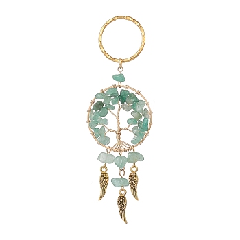 Woven Net/Web with Wing Pendant Keychain, with Natural Green Aventurine Chips and Iron Key Rings, Flat Round with Tree of Life, 10.9~11cm