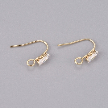 Brass Earring Hooks, Ear Wire, with Clear Cubic Zirconia and Horizontal Loop, Long-Lasting Plated, Real 14K Gold Plated, 16x13x3.5mm, Hole: 2mm, 20 Gauge, Pin: 0.8mm