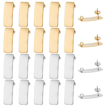 28Pcs 2 Colors 304 Stainless Steel Stud Earring Findings, with Vertical Loops, Curved Rectangle, Golden & Stainless Steel Color, 26x10mm, Hole: 2mm, Pin: 0.8mm, 14Pcs/color
