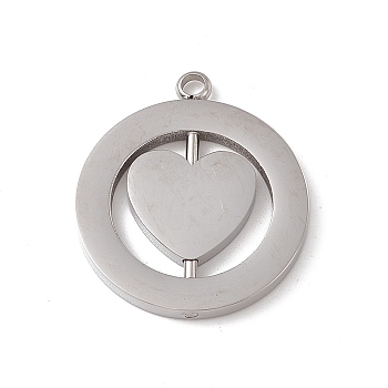 304 Stainless Steel Turnable Pendants, Hollow, Flat Round with Heart Charm, Stainless Steel Color, 28x24.5x2mm, Hole: 2.5mm