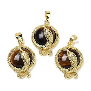 Natural Tiger Eye Flat Round Shaped Brass Pendants, Rack Plating, Cadmium Free & Lead Free, Golden, 29.5x21.5x9.5~11mm, Hole: 7.5x4.5mm