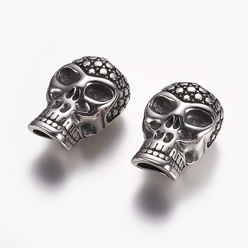 304 Stainless Steel Magnetic Clasps with Glue-in Ends, Skull, Antique Silver, 28x18x15mm, Hole: 8mm