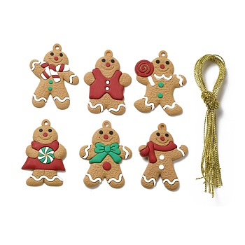 PVC Hanging Decorations, with Cord, Gingerbread Man, for Christmas, Mixed Color, Pendant: 70~71.5x45~53.5x4~5mm, Hole: 4~4.5mm, 6pcs/set