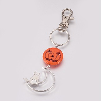 Halloween Theme Alloy Kitten Keychain, with Synthetic Turquoise Beads and Iron Ring, Pumpkin Jack-O'-Lantern and Crescent Moon with Cat, Platinum, Dark Orange, 125mm