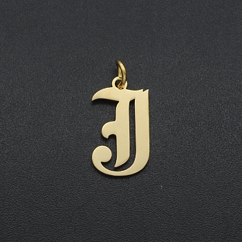 201 Stainless Steel Pendants, with Jump Ring, Old English, Letter, Laser Cut, Golden, Letter.J, 16.5x9.5x1mm, Hole: 3mm