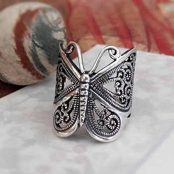 Retro Alloy Adjustable Finger Rings for Women, Butterfly, Antique Silver, Inner Diameter: 15~20mm