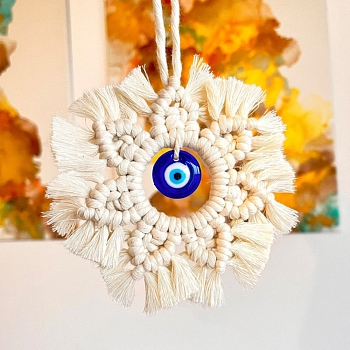 Handmade Macrame Cotton Cord with Turkish Glass Evil Eye Wall Hanging Ornament, Flower, Old Lace, 120mm