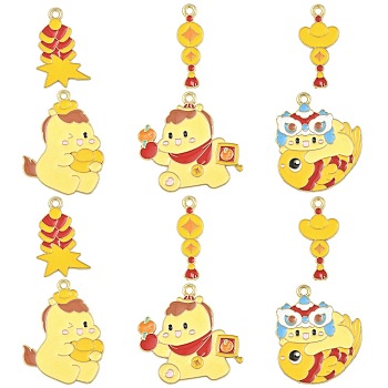 24Pcs 6 Styles New Year's Day Alloy Enamel Pendants, Golden, Mixed Shapes, 24~31.5x8~28x1~1.5mm, Hole: 1.5~1.8mm, 4pcs/style
